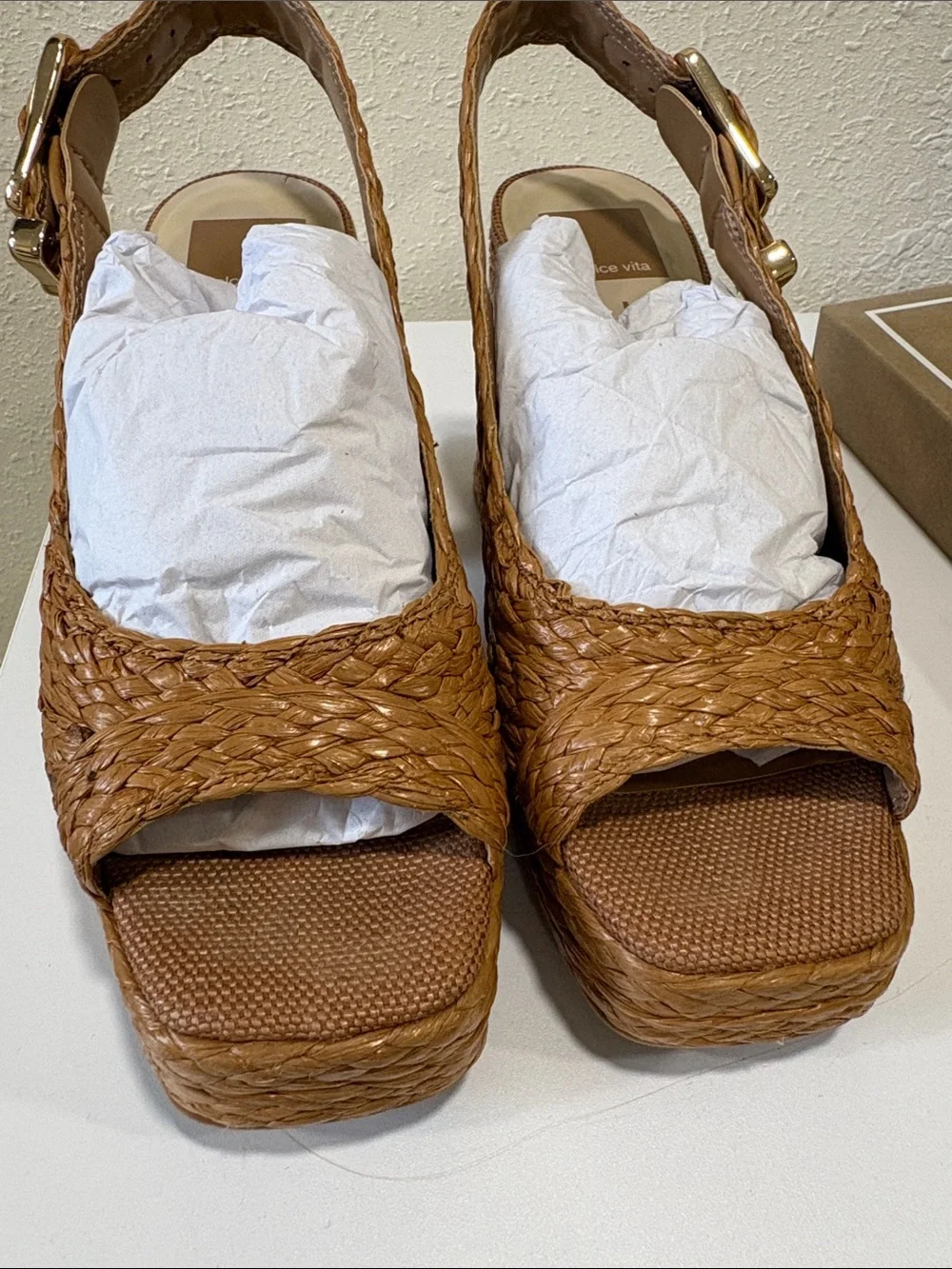 Dolce Vita Flores Cognac Raffia Platform Slingback Heels in Tan